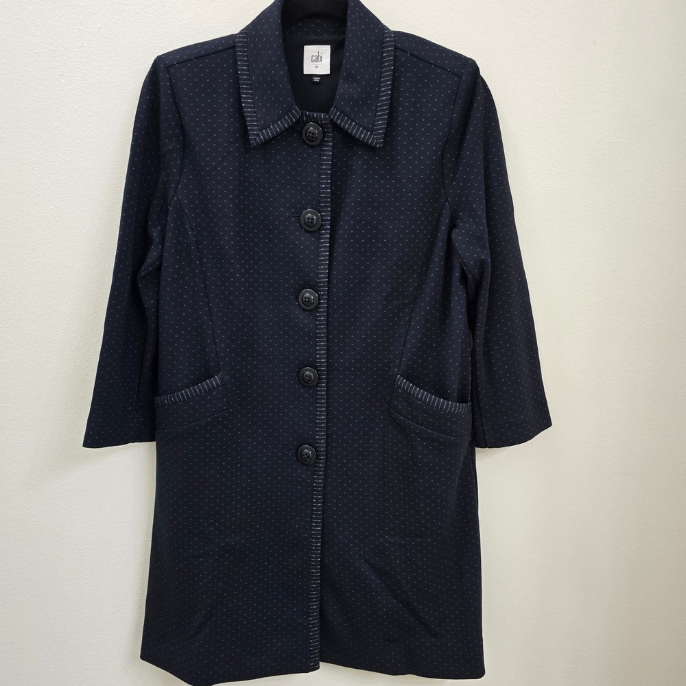 Cabi Sunday Topper Coat Navy Blue Micro Dot Pinstripe Trim Jacket 5658 Womens XS